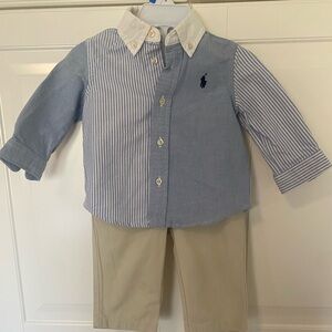 New no tags Polo Ralph Lauren Baby Boys Stripe Shirt Khaki 2 Piece Set 9 Months